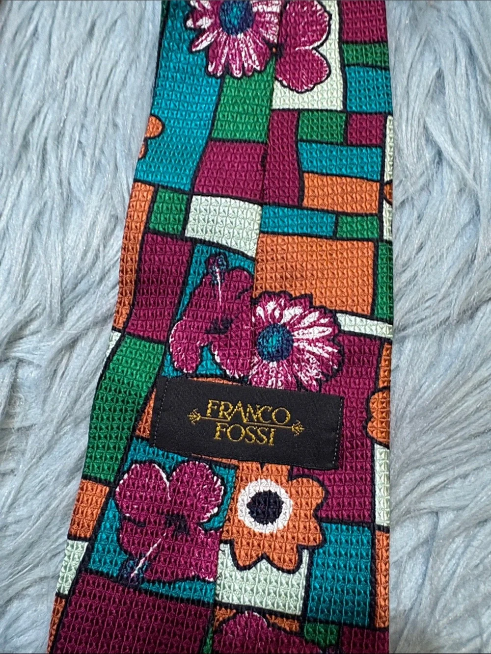 Franco Fossi Colorful Geometric Floral Silk Tie - Teal, Orange & Purple